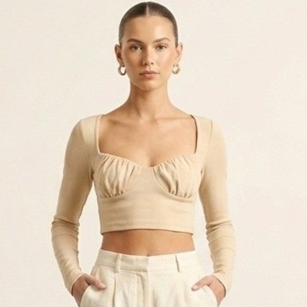Princess Polly Beige Ribbed Long Sleeve Bustier Crop Top Tan US 4